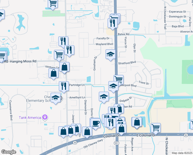 map of restaurants, bars, coffee shops, grocery stores, and more near 2319 Gresham Dr in Orlando