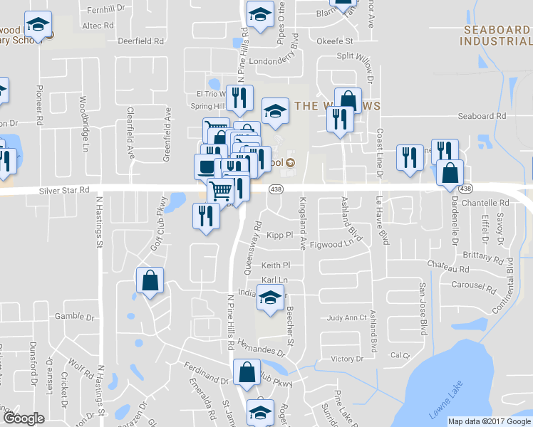 map of restaurants, bars, coffee shops, grocery stores, and more near 5008 Homestead Road in Orlando