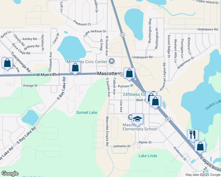 map of restaurants, bars, coffee shops, grocery stores, and more near 109 South Sunset Avenue in Mascotte