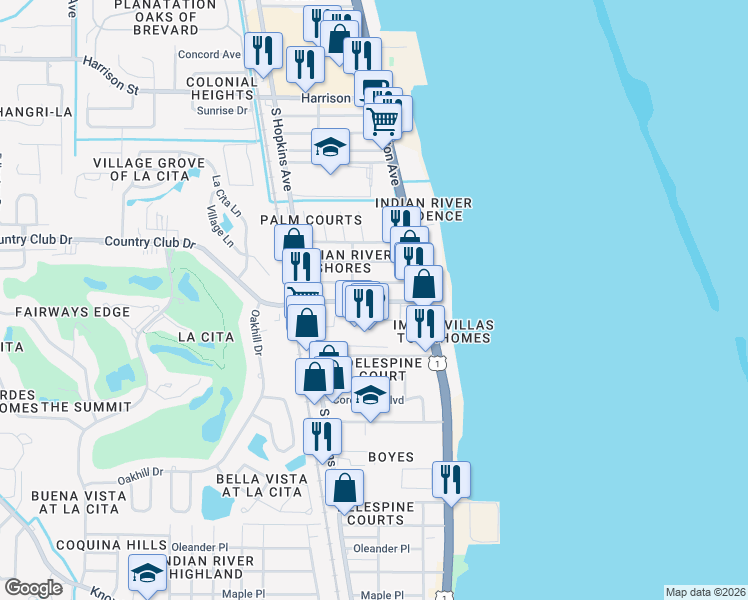 map of restaurants, bars, coffee shops, grocery stores, and more near 142 Country Club Drive in Titusville