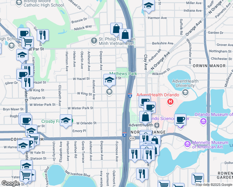 map of restaurants, bars, coffee shops, grocery stores, and more near 116 East King Street in Orlando