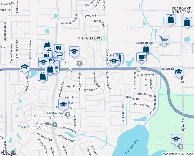 map of restaurants, bars, coffee shops, grocery stores, and more near 4800 Corkwood Lane in Orlando