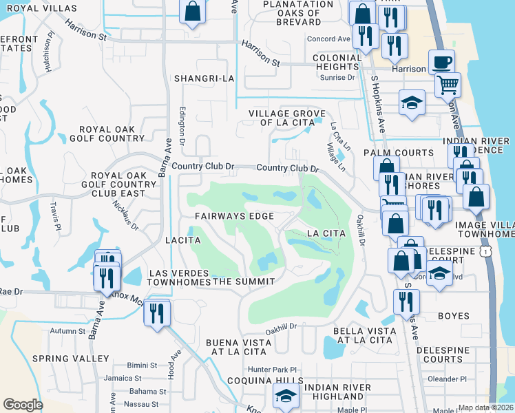 map of restaurants, bars, coffee shops, grocery stores, and more near 784 Florencia Circle in Titusville