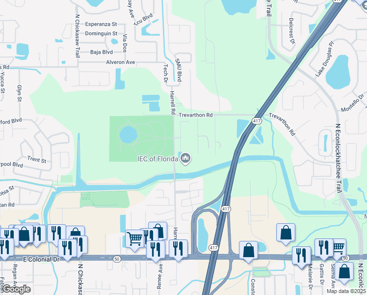 map of restaurants, bars, coffee shops, grocery stores, and more near 2401 Harrell Road in Orlando