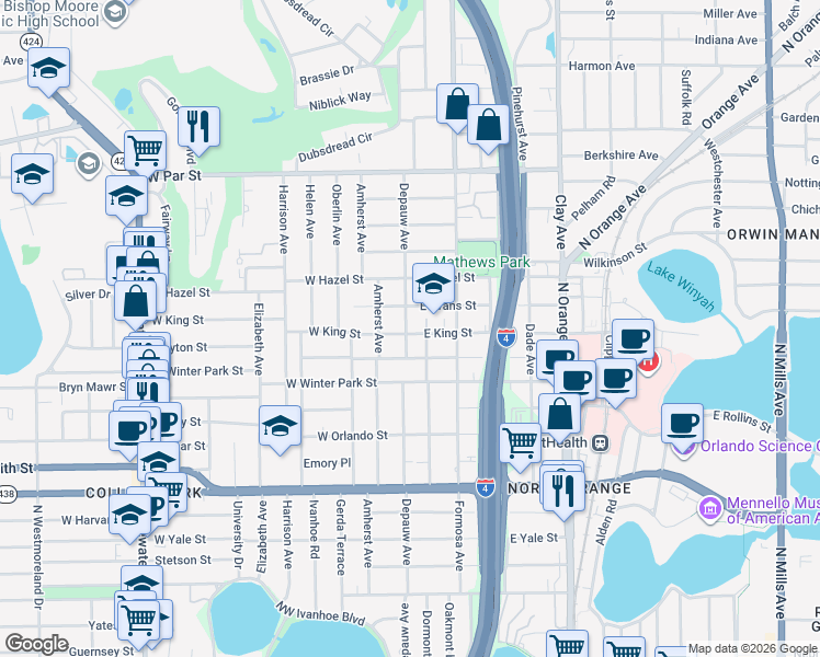 map of restaurants, bars, coffee shops, grocery stores, and more near 6 West King Street in Orlando