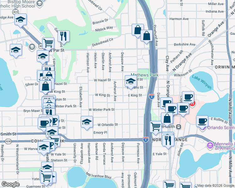 map of restaurants, bars, coffee shops, grocery stores, and more near 6 West King Street in Orlando