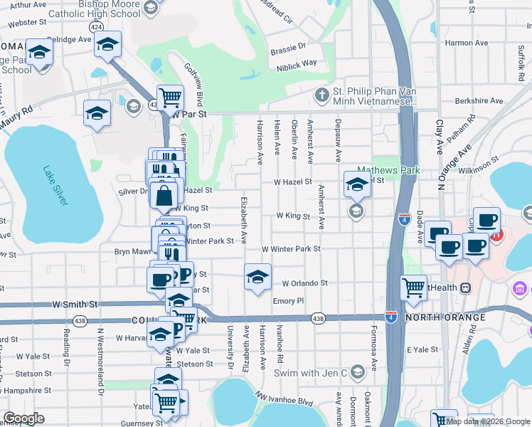 map of restaurants, bars, coffee shops, grocery stores, and more near 2810 Harrison Avenue in Orlando