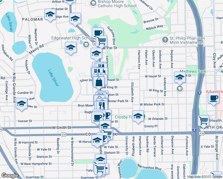 map of restaurants, bars, coffee shops, grocery stores, and more near 637 Clayton Street in Orlando