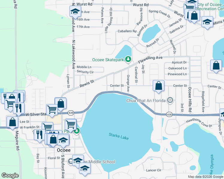 map of restaurants, bars, coffee shops, grocery stores, and more near 312 East Silver Star Road in Ocoee