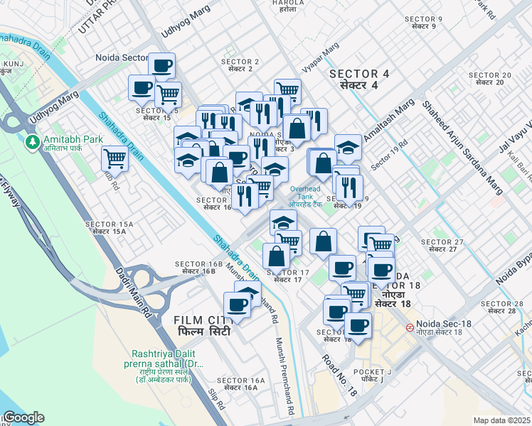 map of restaurants, bars, coffee shops, grocery stores, and more near Delhi Noida Direct Flyway in Noida