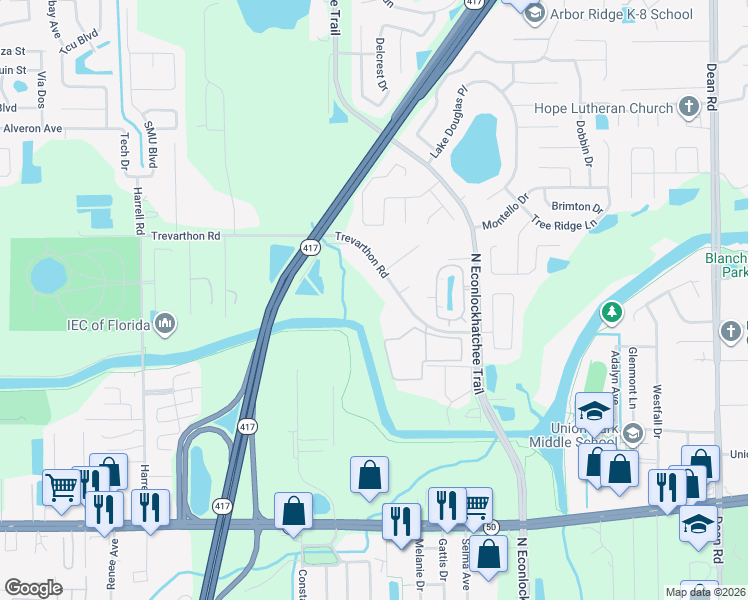 map of restaurants, bars, coffee shops, grocery stores, and more near 9340 Trevarthon Road in Orlando