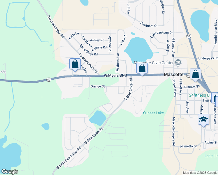 map of restaurants, bars, coffee shops, grocery stores, and more near 673 Orange Street in Mascotte