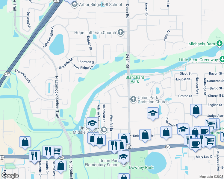 map of restaurants, bars, coffee shops, grocery stores, and more near 2235 Westfall Drive in Orlando