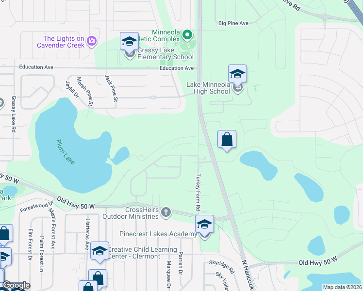 map of restaurants, bars, coffee shops, grocery stores, and more near 312 Brimming Lake Road in Minneola