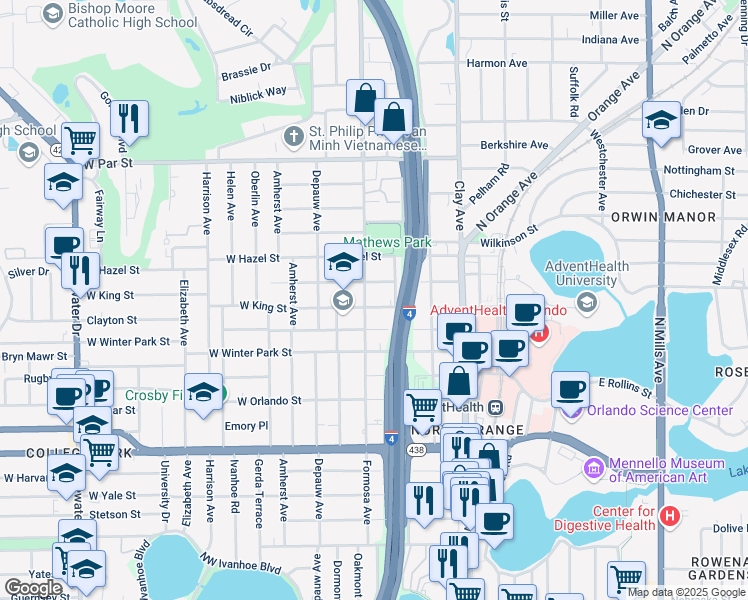 map of restaurants, bars, coffee shops, grocery stores, and more near 107 East King Street in Orlando