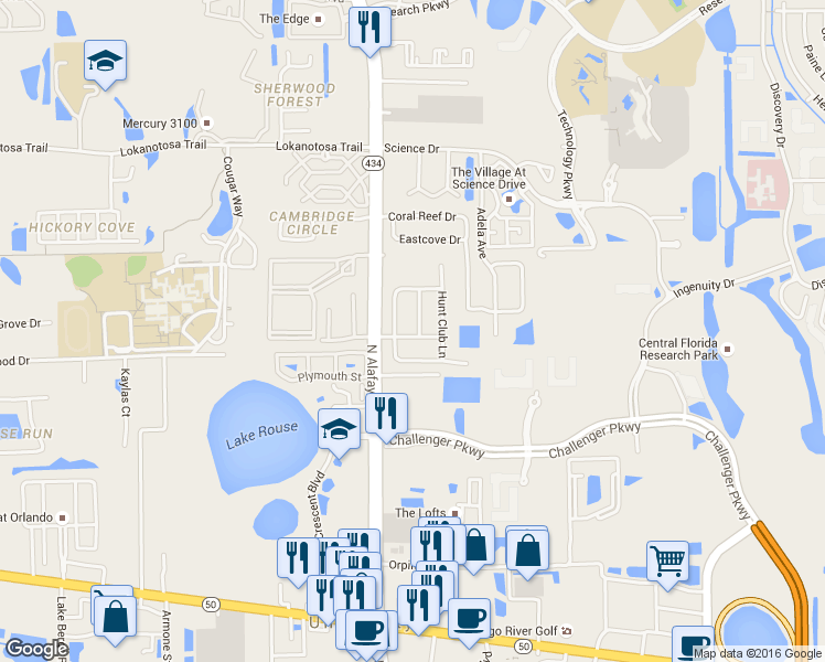 map of restaurants, bars, coffee shops, grocery stores, and more near 12234 Huntsman Lane in Orlando