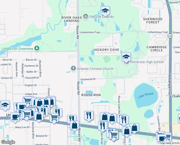 map of restaurants, bars, coffee shops, grocery stores, and more near 2205 Rose Brook Court in Orlando