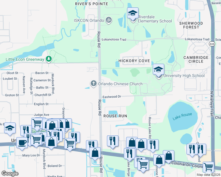 map of restaurants, bars, coffee shops, grocery stores, and more near 2205 Rose Brook Court in Orlando