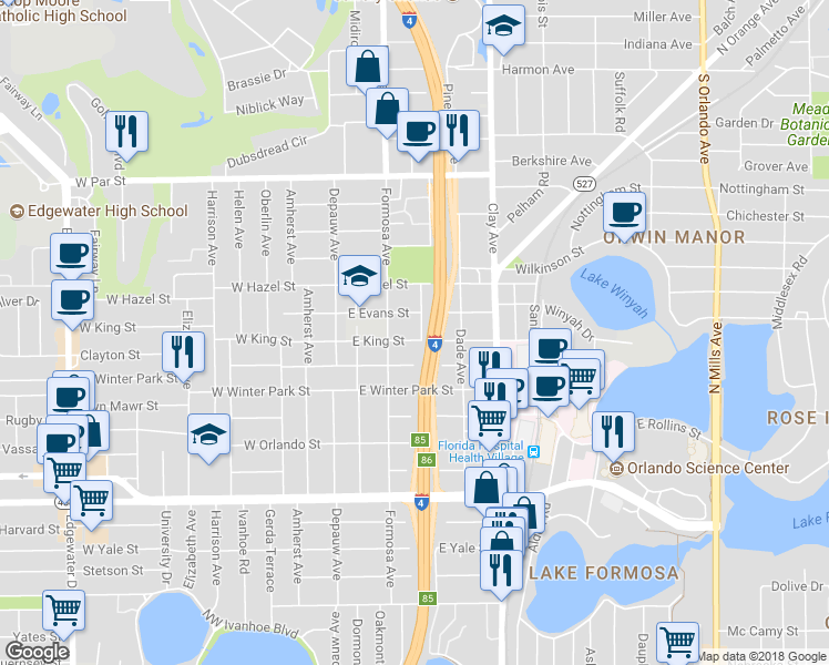 map of restaurants, bars, coffee shops, grocery stores, and more near 116 East King Street in Orlando