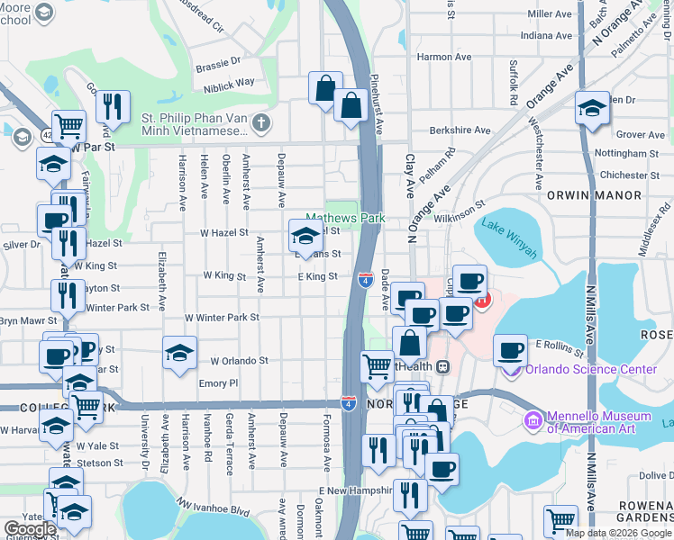 map of restaurants, bars, coffee shops, grocery stores, and more near 116 East King Street in Orlando