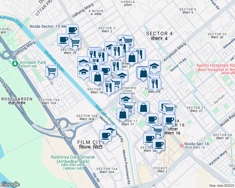 map of restaurants, bars, coffee shops, grocery stores, and more near Delhi Noida Direct Flyway in Noida