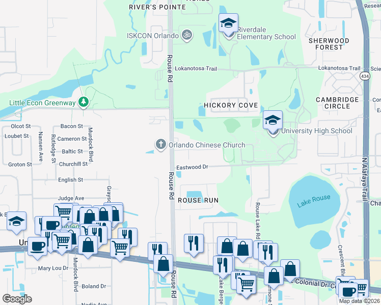 map of restaurants, bars, coffee shops, grocery stores, and more near 2205 Rose Brook Court in Orlando