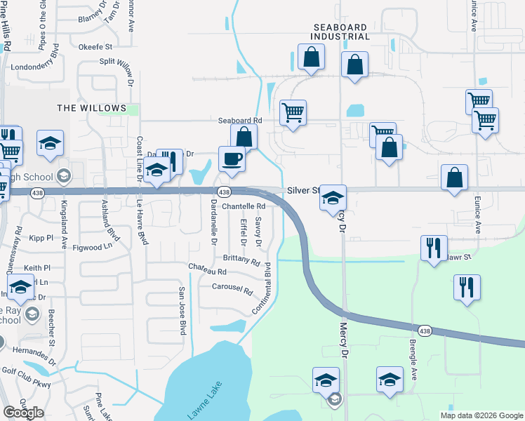 map of restaurants, bars, coffee shops, grocery stores, and more near 2411 Continental Boulevard in Orlando