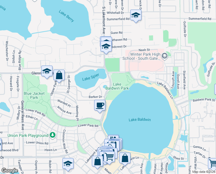 map of restaurants, bars, coffee shops, grocery stores, and more near 2000 South Lakemont Avenue in Winter Park