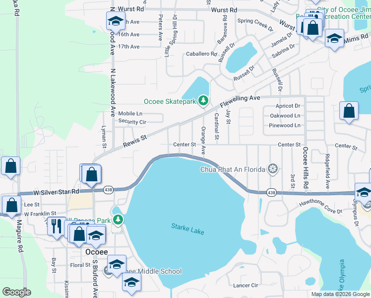 map of restaurants, bars, coffee shops, grocery stores, and more near 312 East Silver Star Road in Ocoee