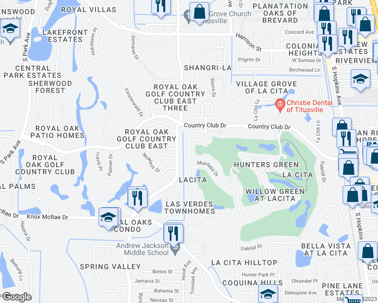 map of restaurants, bars, coffee shops, grocery stores, and more near 3486 Muirfield Drive in Titusville