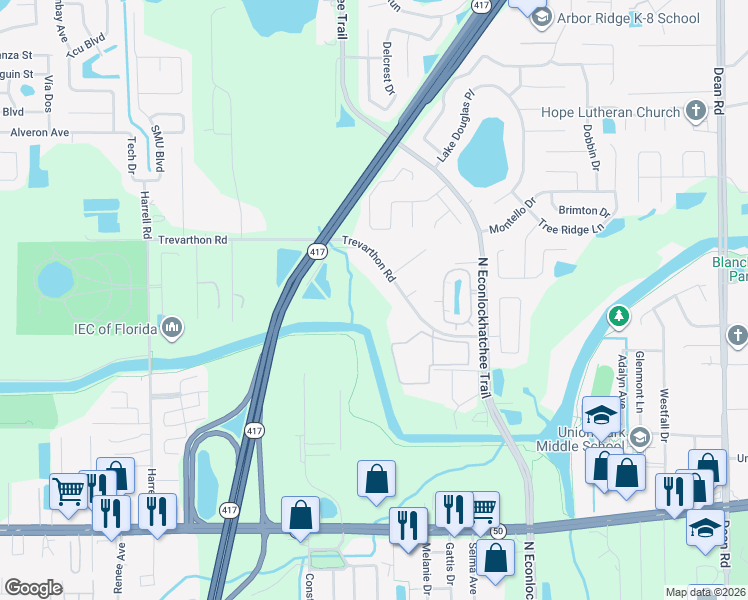 map of restaurants, bars, coffee shops, grocery stores, and more near 9340 Trevarthon Road in Orlando