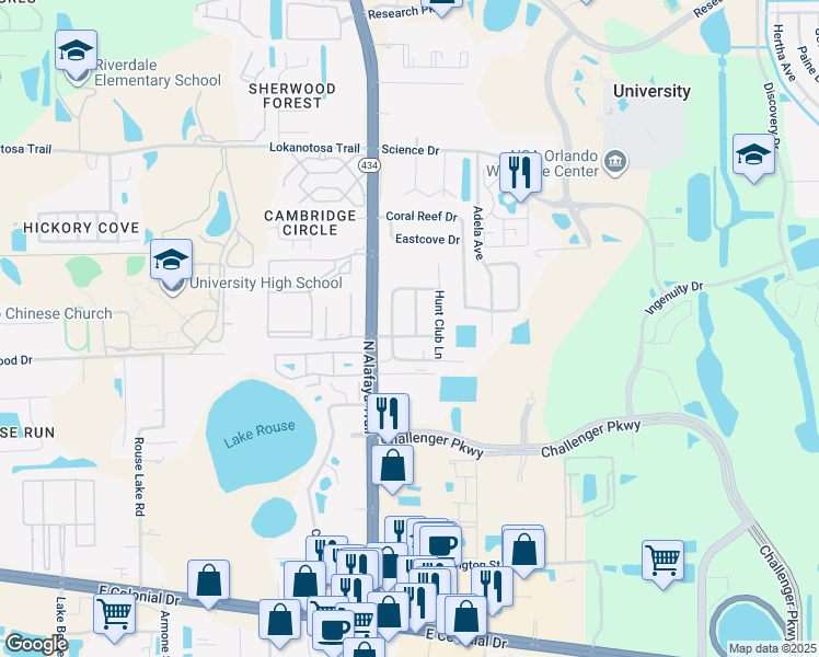 map of restaurants, bars, coffee shops, grocery stores, and more near 12234 Huntsman Lane in Orlando