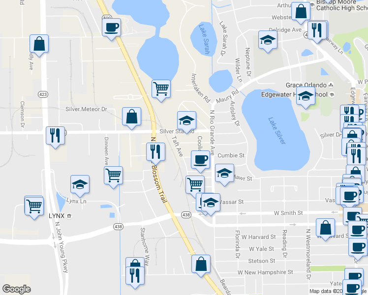 map of restaurants, bars, coffee shops, grocery stores, and more near 2710 Taft Avenue in Orlando