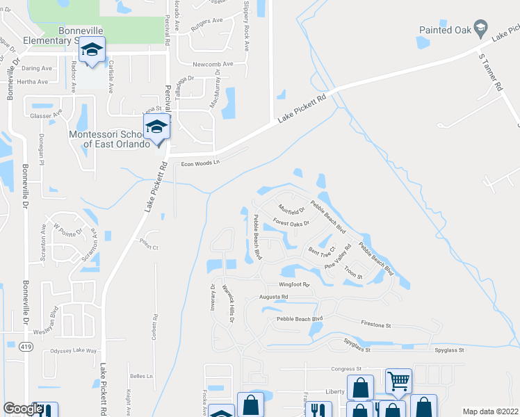 map of restaurants, bars, coffee shops, grocery stores, and more near 14201 Forest Oaks Drive in Orlando
