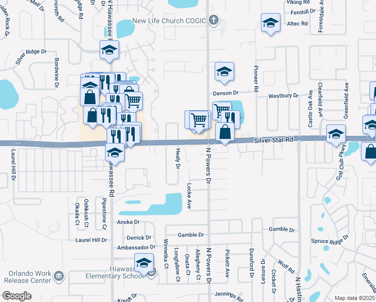 map of restaurants, bars, coffee shops, grocery stores, and more near 6394 Silver Star Road in Orlando