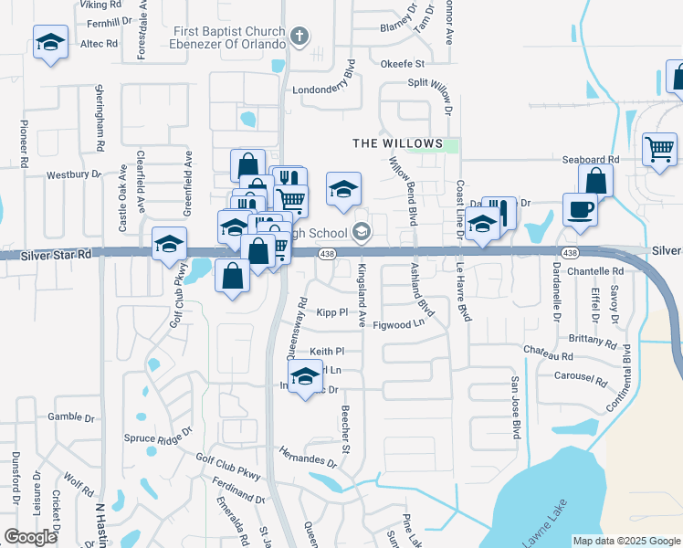 map of restaurants, bars, coffee shops, grocery stores, and more near 5000 Silver Star Road in Orlando