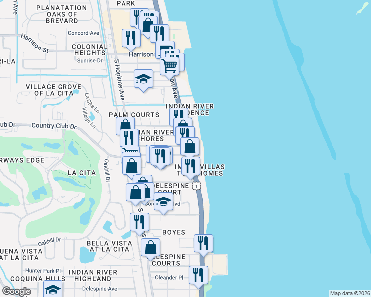 map of restaurants, bars, coffee shops, grocery stores, and more near 3434 South Washington Avenue in Titusville