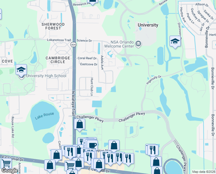map of restaurants, bars, coffee shops, grocery stores, and more near 2607 Adela Avenue in Orlando
