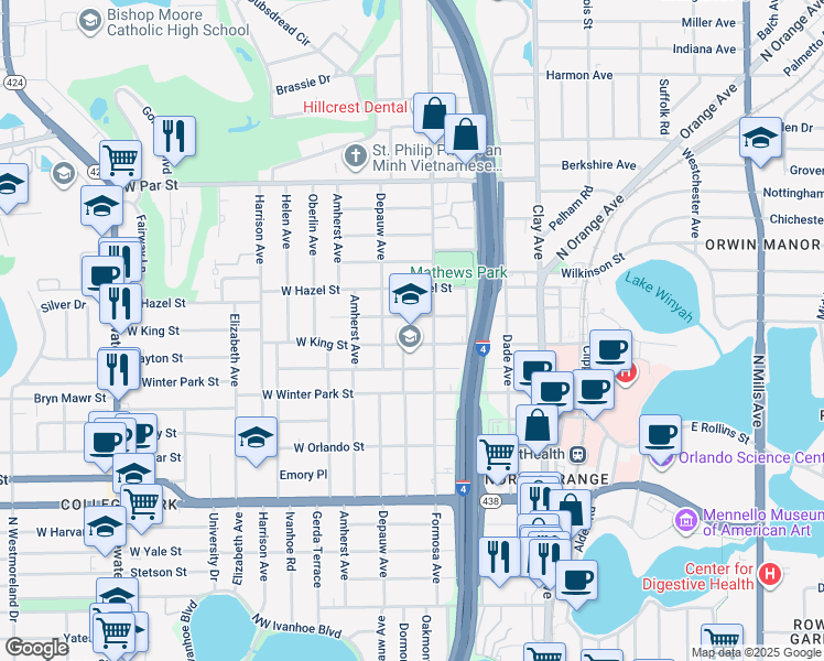 map of restaurants, bars, coffee shops, grocery stores, and more near 30 East Evans Street in Orlando