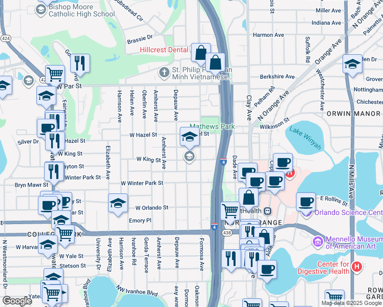 map of restaurants, bars, coffee shops, grocery stores, and more near 30 East Evans Street in Orlando