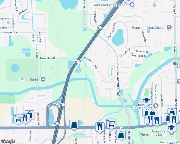 map of restaurants, bars, coffee shops, grocery stores, and more near 9314 Trevarthon Road in Orlando