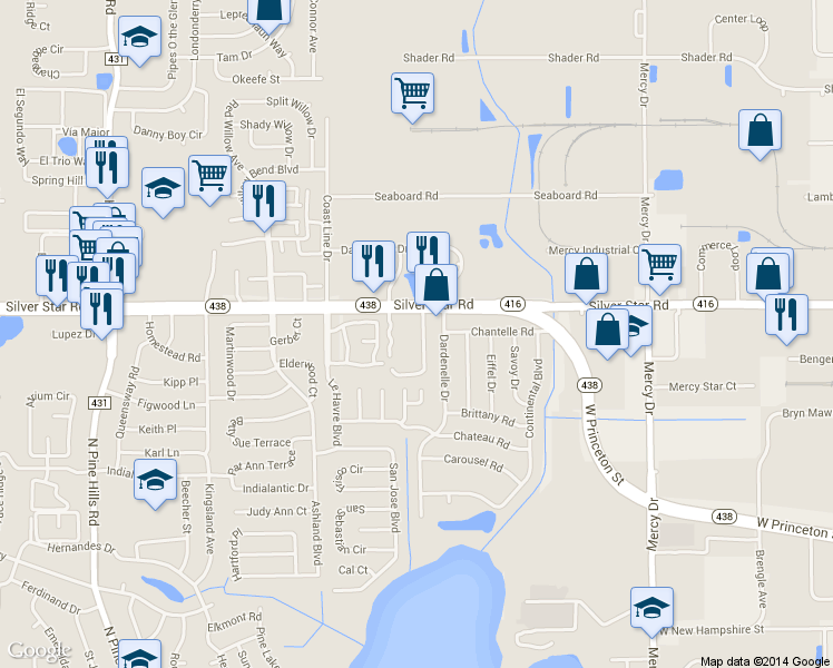 map of restaurants, bars, coffee shops, grocery stores, and more near 4502 Silver Star Road in Orlando