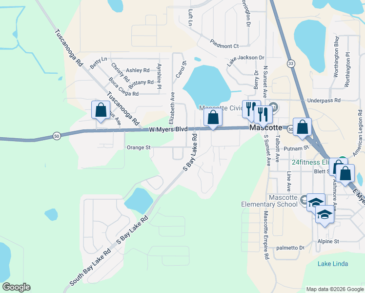 map of restaurants, bars, coffee shops, grocery stores, and more near 124 South Bay Lake Road in Mascotte