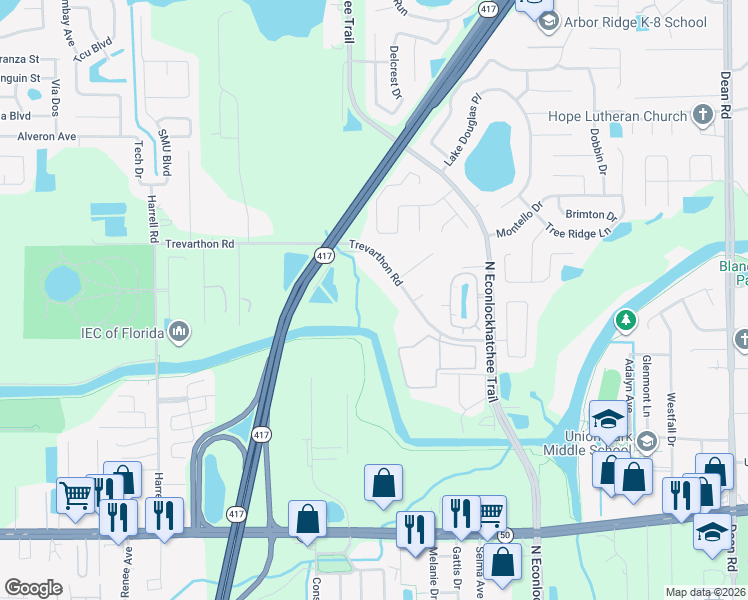 map of restaurants, bars, coffee shops, grocery stores, and more near 9314 Trevarthon Road in Orlando
