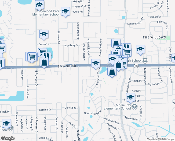 map of restaurants, bars, coffee shops, grocery stores, and more near 5600 Silver Star Road in Orlando