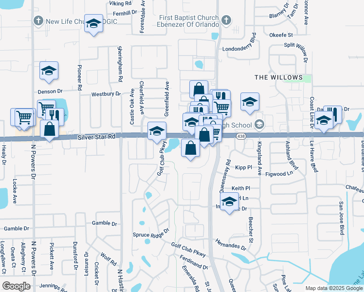 map of restaurants, bars, coffee shops, grocery stores, and more near 5420 Silver Star Road in Orlando