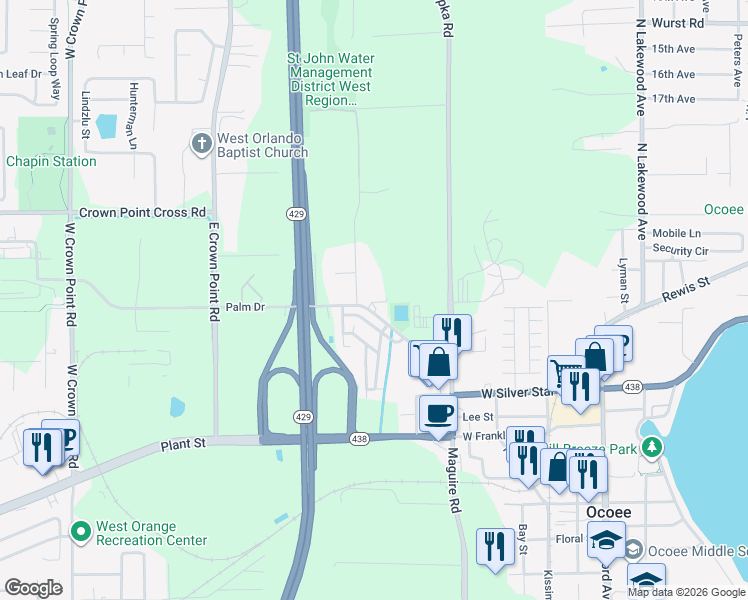 map of restaurants, bars, coffee shops, grocery stores, and more near 543 Palm Drive in Ocoee