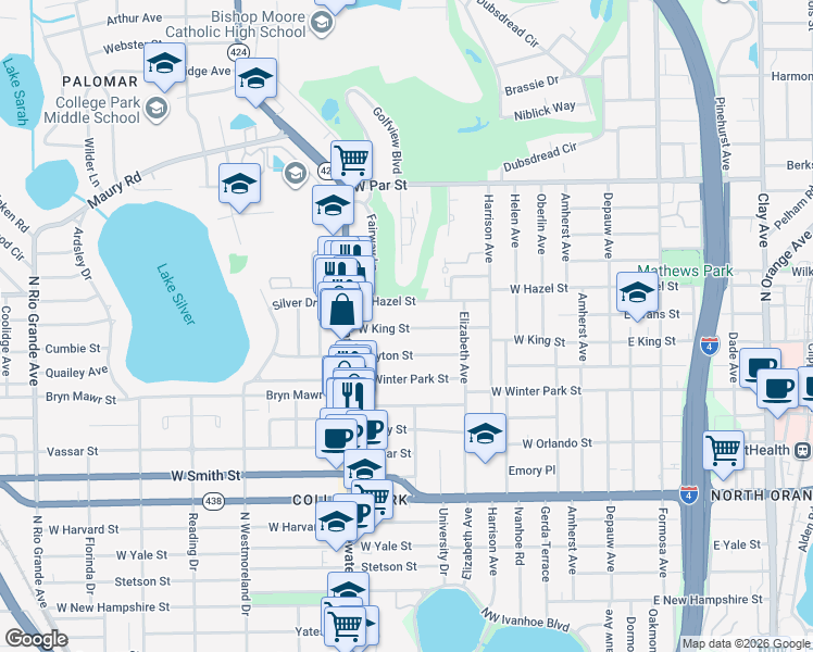 map of restaurants, bars, coffee shops, grocery stores, and more near 555 Clayton Street in Orlando