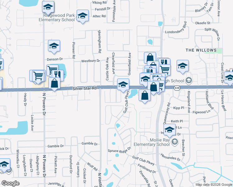 map of restaurants, bars, coffee shops, grocery stores, and more near 5539 Pine Chase Drive in Pine Hills