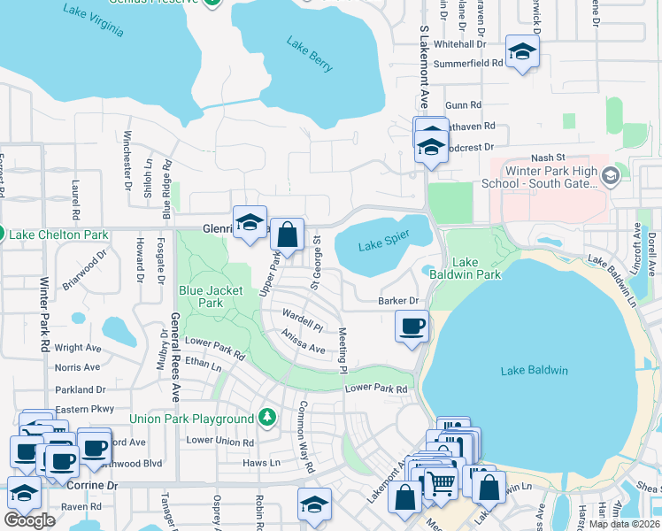 map of restaurants, bars, coffee shops, grocery stores, and more near 2080 Saint George Street in Winter Park